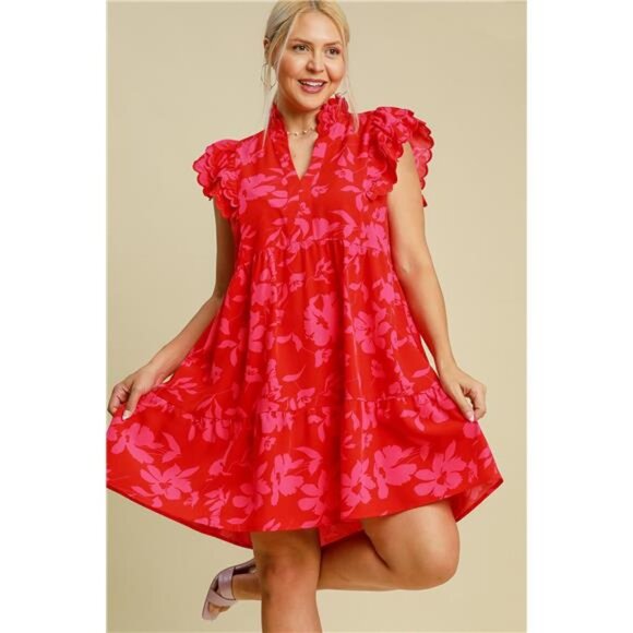 NWT Umgee Full Size Two Tone Floral Print Ruffle Cap Sleeve Mini Dress Plus Size - Picture 5 of 7